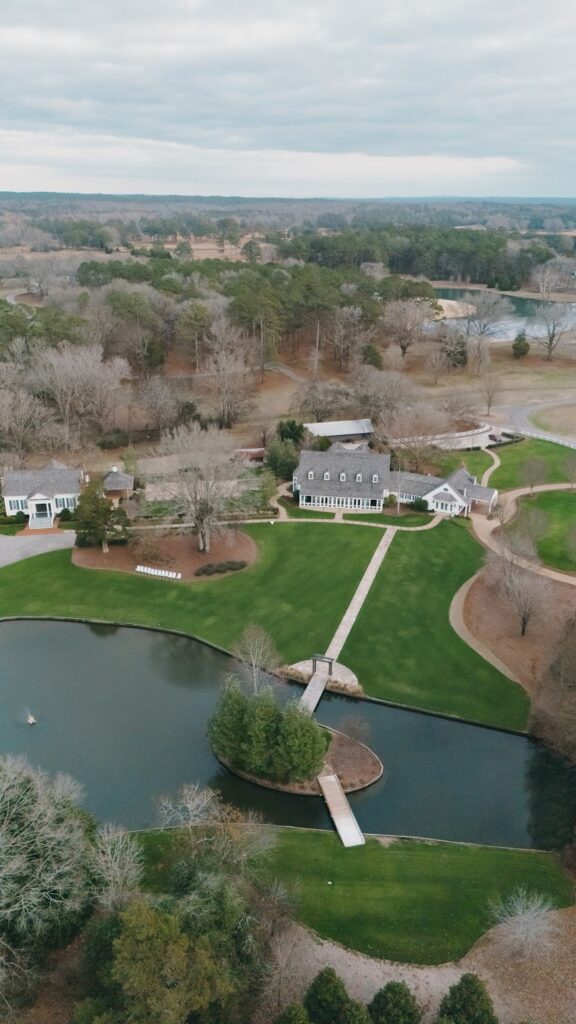 drone overview photo of pursell farms, luxury wedding and engagement venue