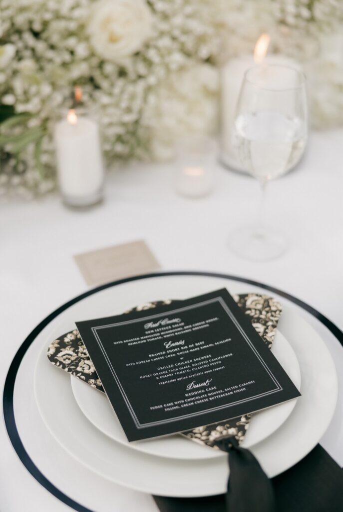 luxury black and white southern style tablescape for wedding